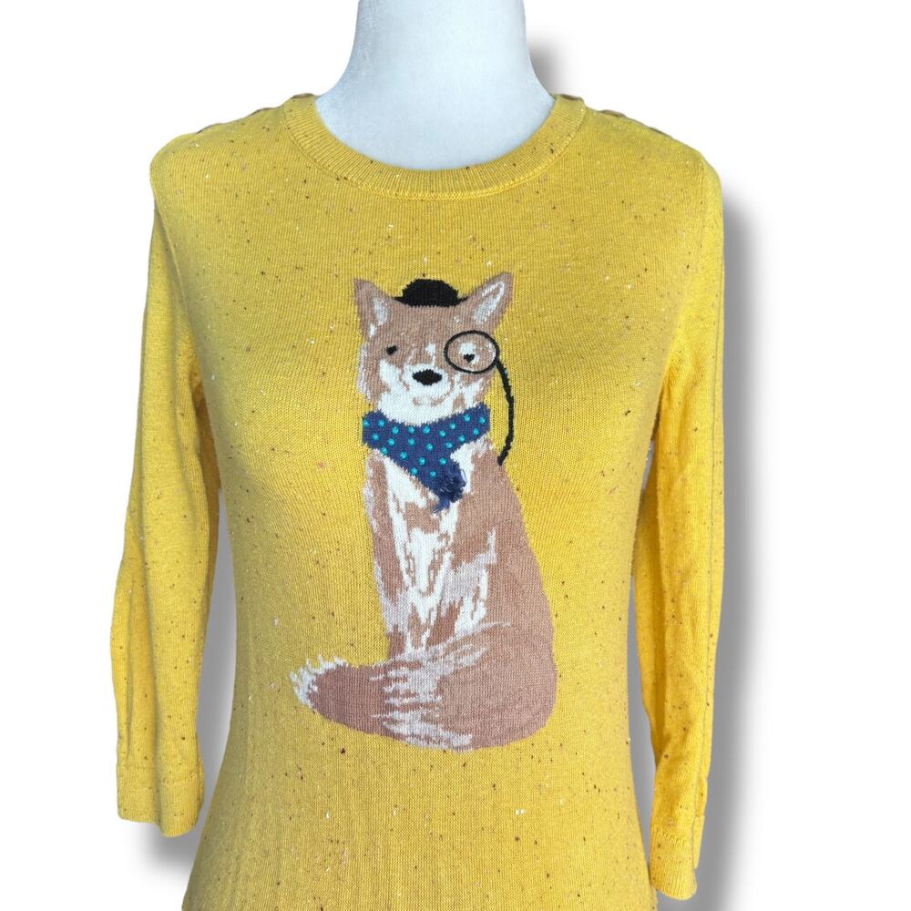 Talbots Petites Yellow Fox Sweater Monocle Top Hat Scarf Pullover Crewneck‎ Knit
